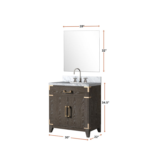 English Elm Brown Oak Single Sink Vanity Set With Carrara Marble Top, Chrome Faucet & 28" Mirror For Elegance B2731S02002
