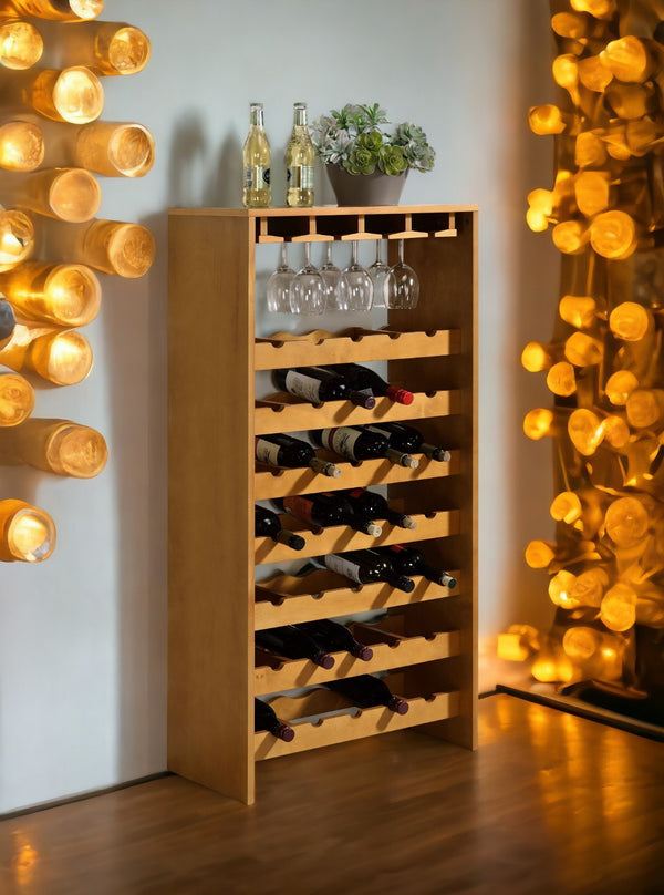 English Elm Hanzi Oak Freestanding Wine Rack with Stemware Storage Holds 35 Bottles B2726P408073