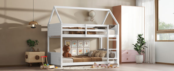 English Elm Twin House-Style Twin Bunk Bed With Safety Guardrails, Ladder & Play Space – White Rubberwood Design W504P227972-GIGA