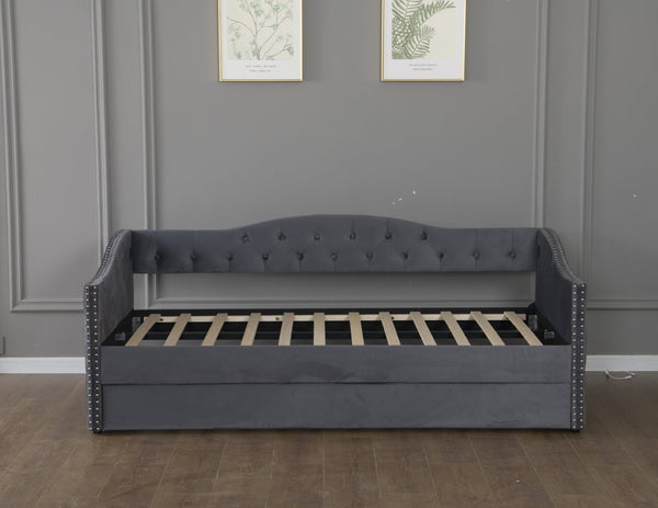 English Elm Twin Size Upholstered Daybed With Trundle & Usb Charging – Stylish Velvet Frame For Space-Saving Comfort W1670S00024-GIGA