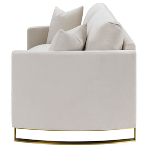 English Elm Rufo Beige Fabric Loveseat with Gold Steel Legs Arched Arms and Feather Cushions B062P357784