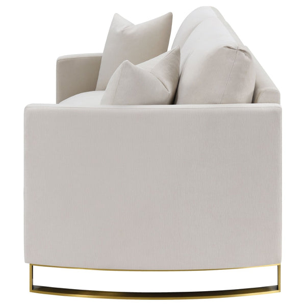 English Elm Rufo Beige Fabric Loveseat with Gold Steel Legs Arched Arms and Feather Cushions B062P357784