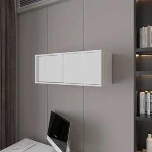English Elm White Floating Cabinet Slim Wall-Mount Sliding Door Storage Shelf for Office Study Modern Decor 31.9" B062P252214