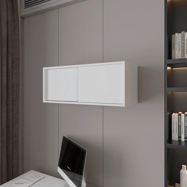 English Elm White Floating Cabinet Slim Wall-Mount Sliding Door Storage Shelf for Office Study Modern Decor 31.9" B062P252214