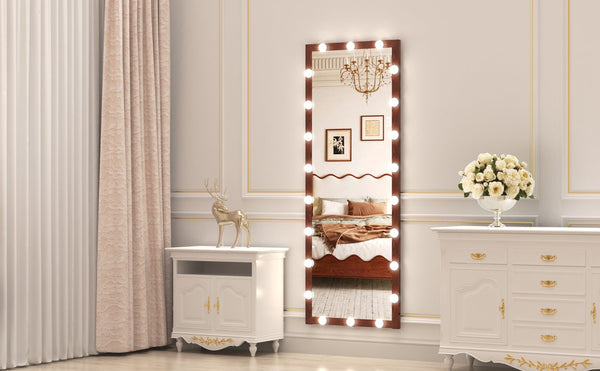English Elm Hollywood Full Length LED Mirror with 22 Bulbs, 3 Color & Brightness Modes, Walnut Frame, Touch Control W708P297645
