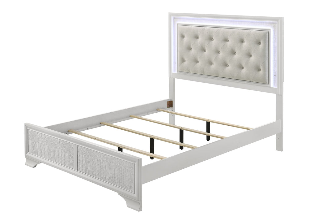 English Elm 1pc Luxurious Tufted Panel Bed with Embossed Crocodile Pattern and Integrated LED Backlit Headboard, Queen Oat,White 59.76 L x 36.3 W x 4.76 H B011S01954