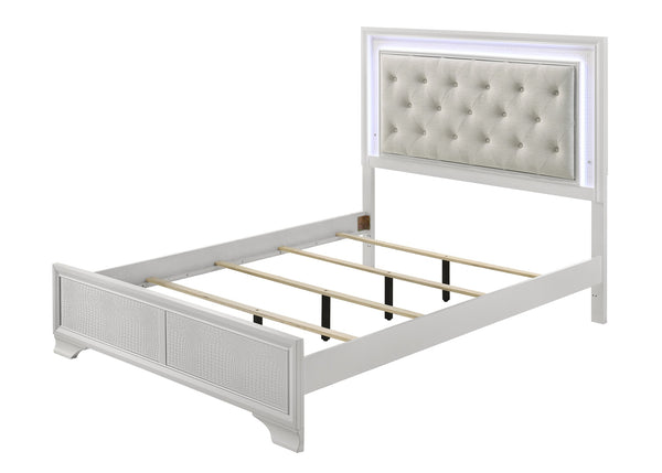 English Elm 1pc Luxurious Tufted Panel Bed with Embossed Crocodile Pattern and Integrated LED Backlit Headboard, Queen Oat,White 59.76 L x 36.3 W x 4.76 H B011S01954