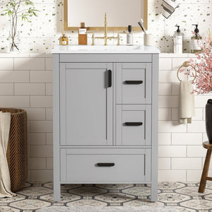 English Elm Modern 24 Inch Bathroom Vanity Solid Wood Cabinet with Ceramic Sink and Soft Close Storage Gray N729P292859E
