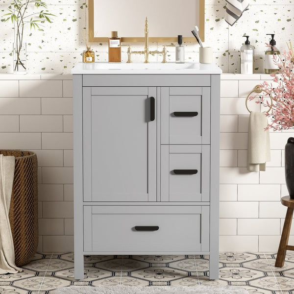 English Elm Modern 24 Inch Bathroom Vanity Solid Wood Cabinet with Ceramic Sink and Soft Close Storage Gray N729P292859E