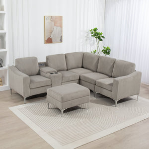 English Elm Upholstered Convertible Modular Corduroy Corner Sectional Sofa with Storage Ottoman, Cupholders, USB Ports and Chaise Gray W3098S00022