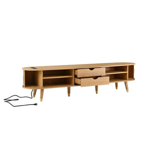 English Elm Wooden Fluted Tambour Media Console Mid Century Modern Tv Stand with Built in Charging Natural N721P428444L