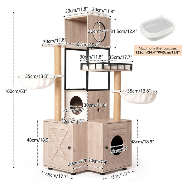 English Elm 63" Rustic Gray Cat Tower with Hidden Litter Enclosure Sisal Posts and Washable Perch W1687P304383