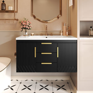 English Elm 36'' Wall Mounted Bathroom Vanity with Sink, Floating MDF Cabinet, 2 Drawers, Rust-Resistant Handles Black N710P253035B