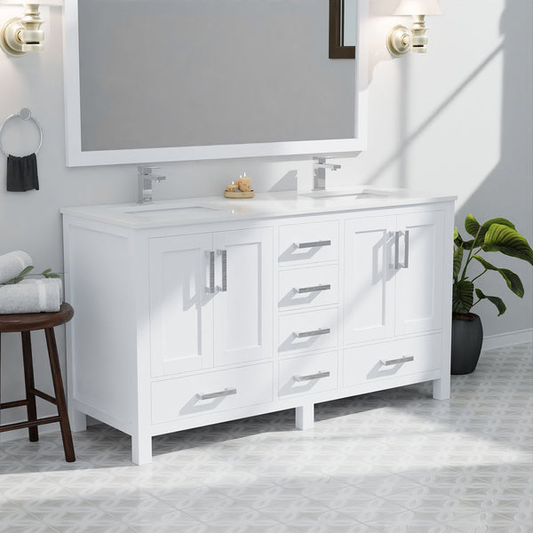 English Elm White Double Bath Vanity 60-inch W x 22-inch D with White Quartz Top, Solid Wood, Soft-Close Drawers B2731P258873