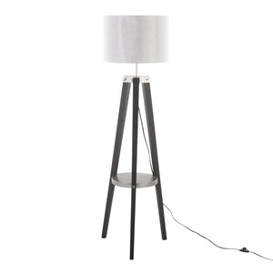 English Elm Compass Mid-Century Floor Lamp with Shelf, Tripod Wood Legs, Linen Shade, LED Included, Stylish Accent Silver B202S01360