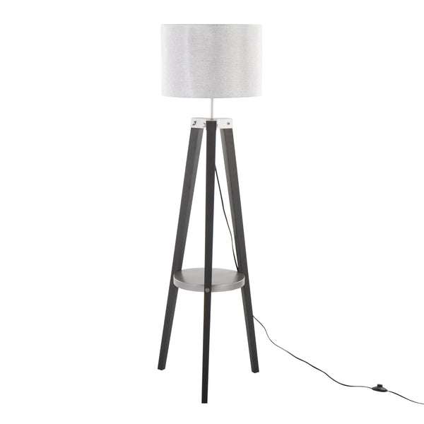 English Elm Compass Mid-Century Floor Lamp with Shelf, Tripod Wood Legs, Linen Shade, LED Included, Stylish Accent Silver B202S01360