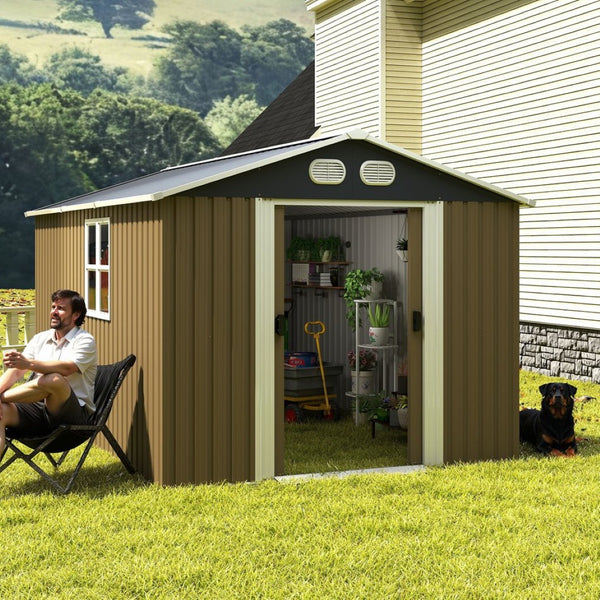 English Elm Campcraft 8x12 Outdoor Metal Storage Shed Lockable Weatherproof Backyard Tool House Brown W1598S00043