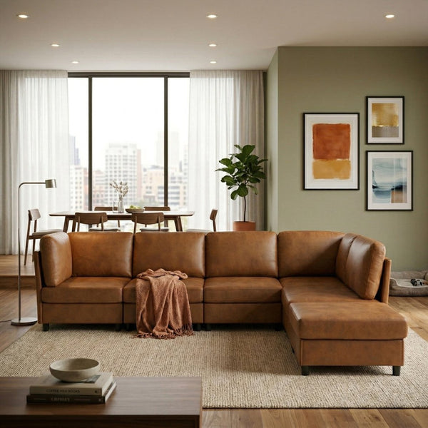 English Elm Modern Foil Fabric Modular Sectional Sofa Reconfigurable Living Room Seating Light Brown W5568S00051