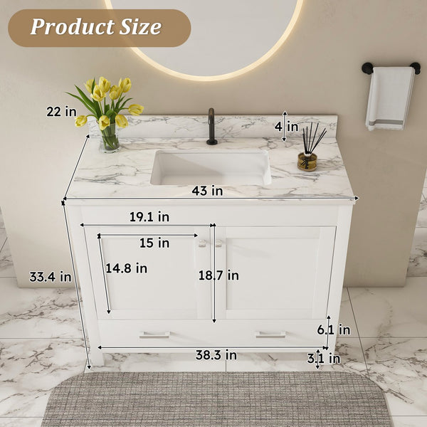 English Elm Modern 43" Bathroom Vanity With Durable Carrara White Top, Stylish Storage, And Soft-Closing Drawers W509S00142