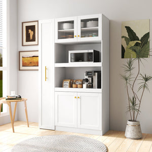 English Elm Kitchen Farmhouse Pantry Cabinet With Multi-Tier Pull-Out Shelves & 4 Doors For Organized Storage W331S00173