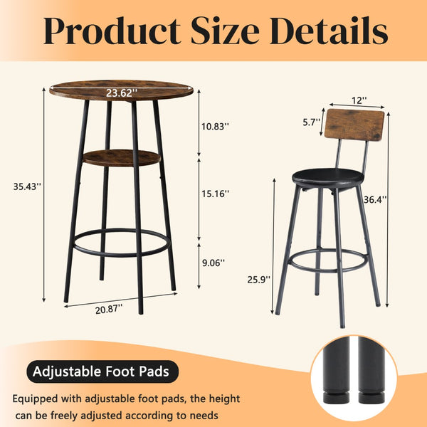 English Elm 3 Piece Bar Height Dining Set with Two Tier Storage and Pu Upholstered Stools Rustic W3204P428254