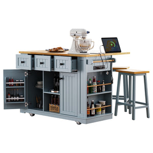 English Elm K&K 53" Large Kitchen Island with 2 Stools, Built-In Power Station, Wheels, Drop Leaf & Ample Storage Grey-Blue N707S000007G