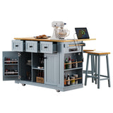 English Elm K&K 53Inch Large Kitchen Island With 2 Bar Stools, Power Outlet,Door Internal Storage Rack,Kitchen Storage Cart On 5 Wheels With Drop Leaf,5 Open Side Racks,3 Drawers For Kitchen,Dining Room,Grey Blue