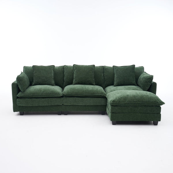 English Elm Beige Chenille Sectional Sofa with Modular Ottoman for Living Room or Studio Dark Green W2603S00004