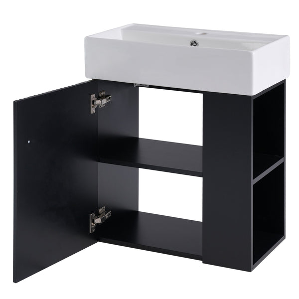 English Elm 21.6 inch Modern Floating Bathroom Vanity with Ceramic Basin, Wave Door, Rose Gold Handle Black N729P170388B