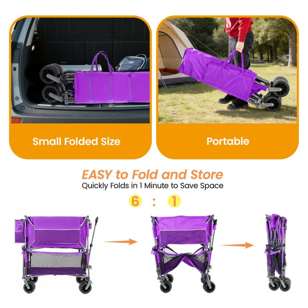 English Elm 55" Double Decker Collapsible Wagon 560lb Capacity Alloy Steel Frame All-terrain Wheels Purple W2932P405187