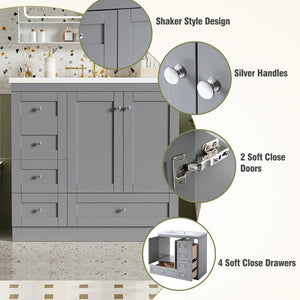 English Elm 36 Inch Shaker Bathroom Vanity with Resin Sink Four Soft Close Drawers Mdf Cabinet Gray N729P000028E