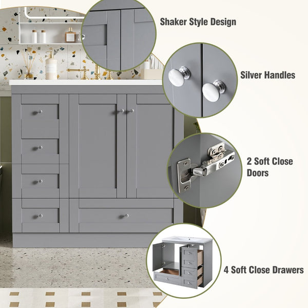 English Elm 36 Inch Shaker Bathroom Vanity with Resin Sink Four Soft Close Drawers Mdf Cabinet Gray N729P000028E
