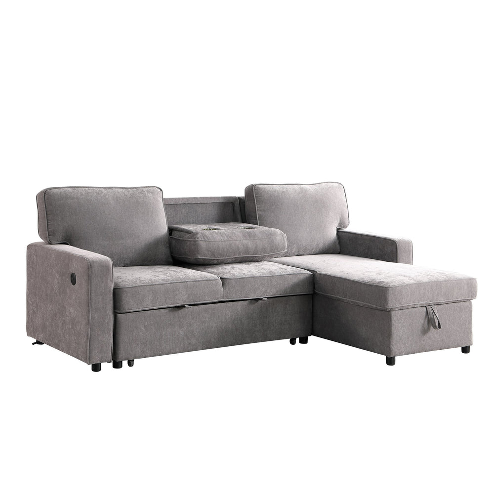 English Elm Upholstery Grey Sectional Sofa Bed with Storage Chaise, Built-in USB, Cup Holders, Chenille Comfort W1099S00151