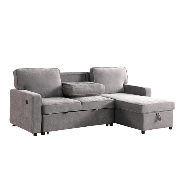 English Elm Upholstery Grey Sectional Sofa Bed with Storage Chaise, Built-in USB, Cup Holders, Chenille Comfort W1099S00151