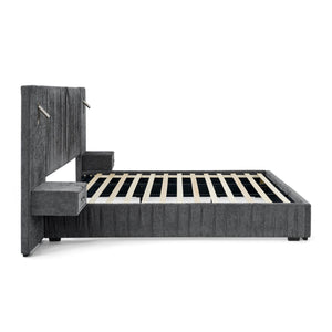 English Elm King Modern Upholstered Platform Bed with Pleated Chenille Headboard, Built‑in Nightstand & Lamp DARK GREY W487S00393