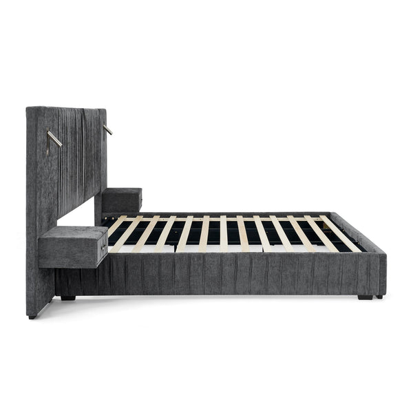 English Elm King Modern Upholstered Platform Bed with Pleated Chenille Headboard, Built‑in Nightstand & Lamp DARK GREY W487S00393