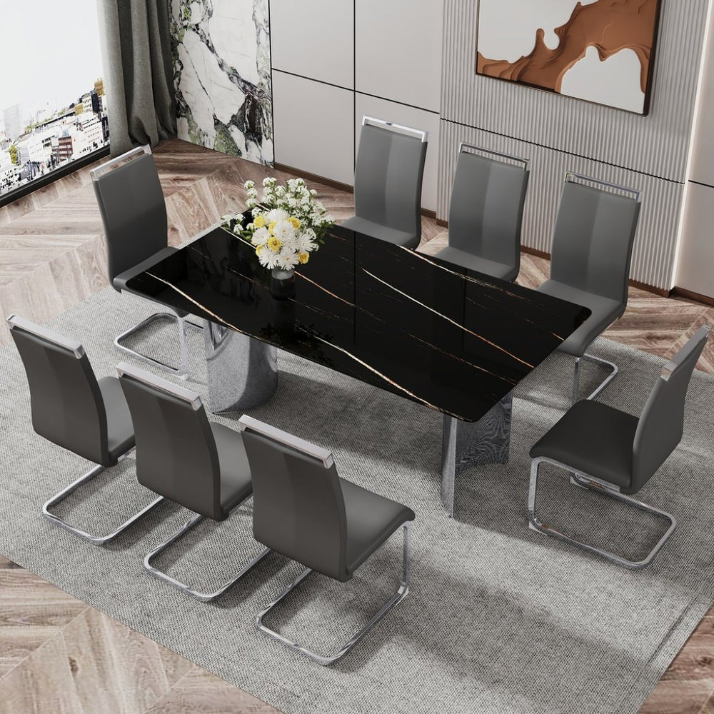 English Elm Table With Glass Top & 8 Dark Gray Pu Chairs - Modern Marble Pattern Design & Stainless Steel Legs W1151S02604-GIGA