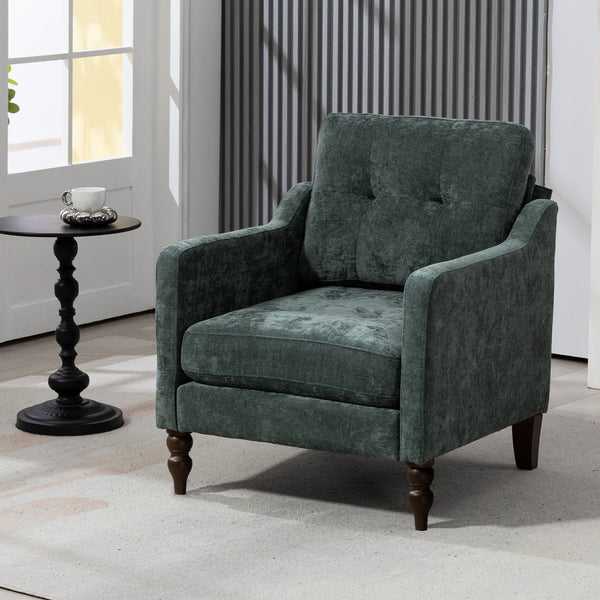 English Elm Accent Comfy chenille chair with USB charging, ergonomic wide back, high-rebound sponge, retro wooden legs Dark Green W2715P312490