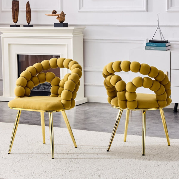 English Elm Set of 2 Velvet Bubble Backrest Dining Chairs with Sculptural Form and Glam Metal Legs Gold,Yellow W3875P370844