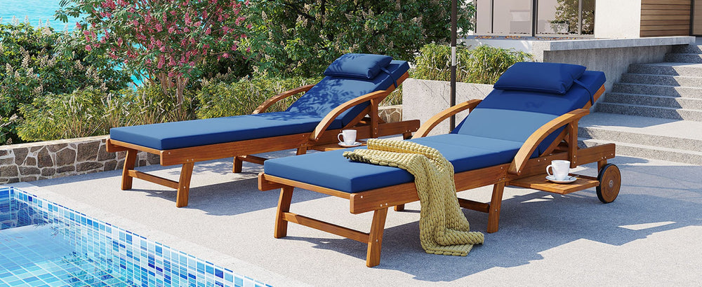 English Elm U_style Acacia Wood Outdoor Chaise Lounge Set with Cushions Adjustable Reclining Backrest Navy Blue WY000482AAC