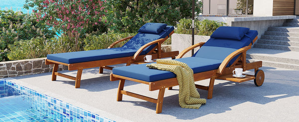 English Elm U_style Acacia Wood Outdoor Chaise Lounge Set with Cushions Adjustable Reclining Backrest Navy Blue WY000482AAC