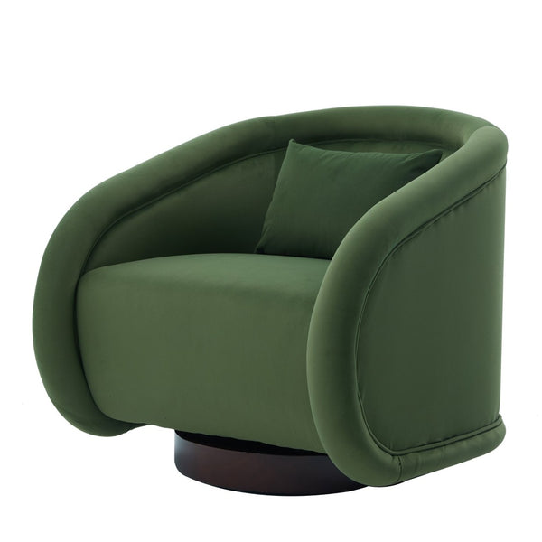 English Elm Swivel Barrel Chair Pumpkin Sculptural Velvet Upholstered with Walnut Wood Round Base Green W3244P427740
