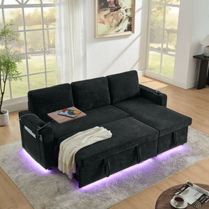 English Elm Modern Chenille Pull-Out Bed Sofa With Led Lights, Usb Ports, Cup Holders & Retractable Table, Black W1413S00098