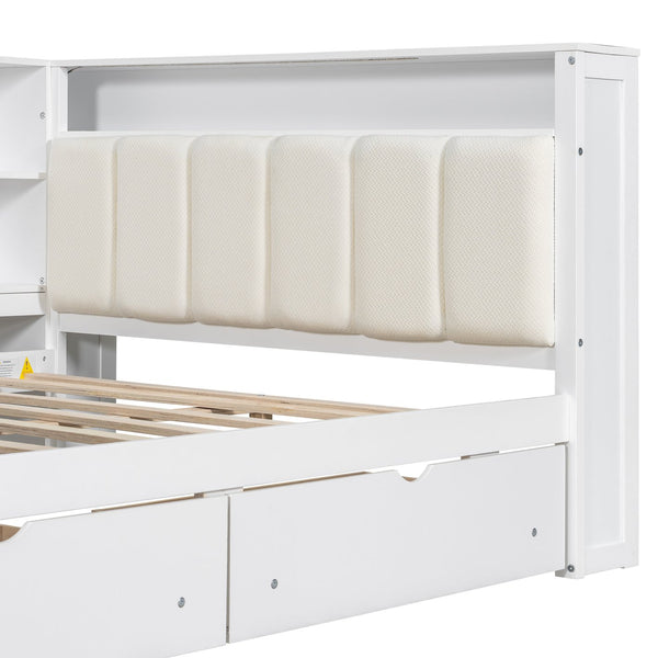 English Elm Wood Full Size Gaming Loft Bed with Integrated Desk, Shelves, LED Lighting & Hanging Clothes Rack Beige+White N7090001047K