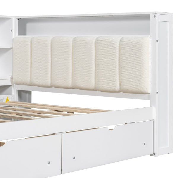 English Elm Wood Full Platform Bed with Led Headboard Built-in Desk Charging Station and Storage Shelves Beige+White N7090001047K-1