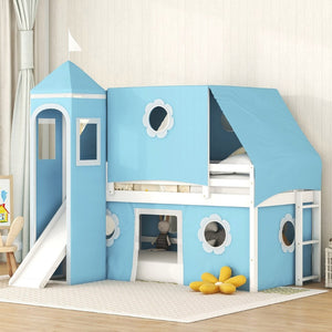 English Elm Twin Castle Loft Bed with Slide Tent Tower and Play Space for Kids Rooms Blue N708P249511C
