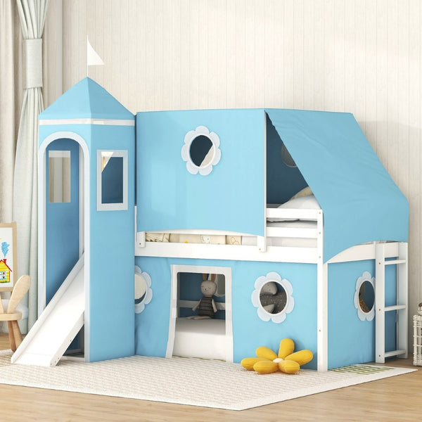 English Elm Twin Castle Loft Bed with Slide Tent Tower and Play Space for Kids Rooms Blue N708P249511C