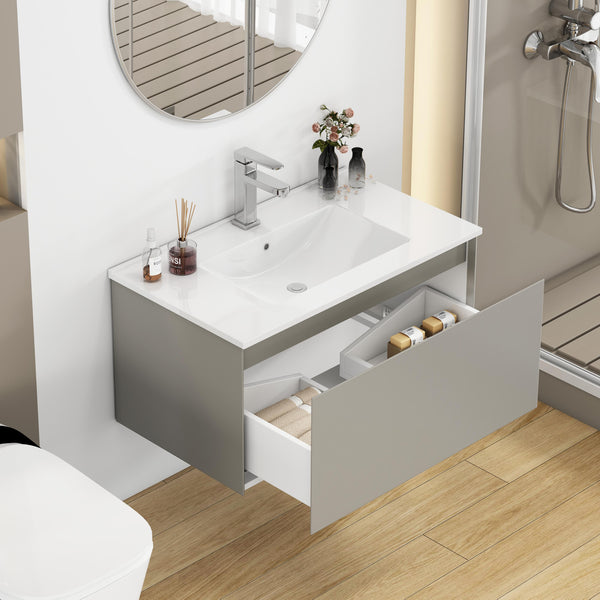 English Elm 32-Inch Wall-Mounted Bathroom Vanity With Soft-Close Drawer, Durable Ceramic Sink, Mocha Gray Finish W3151S00043
