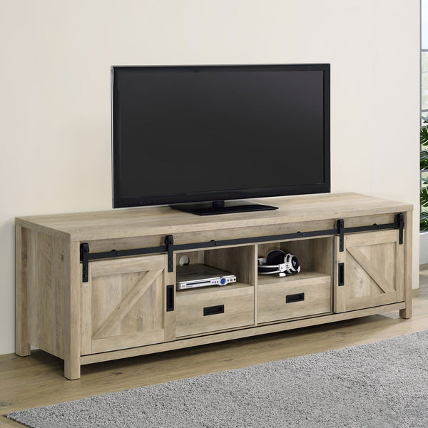 English Elm Madra Distressed Pine TV Stand with Sliding Doors and Drawers, 78.75" Wide Rustic Storage Console for Living Room B062P344953