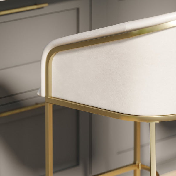 English Elm 31" Barrel Back Barstool Faux Leather Foam Padded Seat Gold Steel Frame for Home Bar White Pu B2751P436479